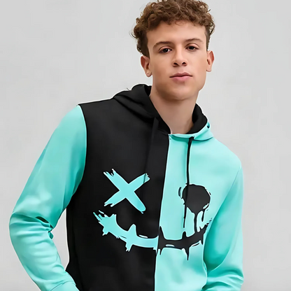 Bold Two-Tone Smiley Face Hoodie with Layered Collar Detail