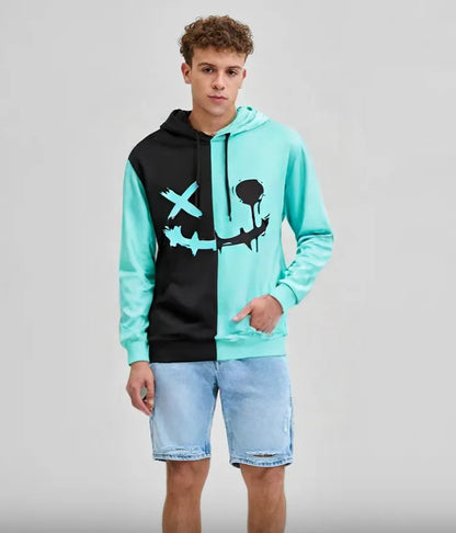 Bold Two-Tone Smiley Face Hoodie with Layered Collar Detail